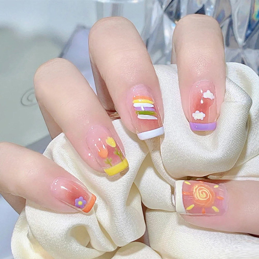 Nubes arcoíris, uñas simples, sol abrasador, tulipanes, uñas, uñas, parches de uñas falsas de viento dulce y fresco
