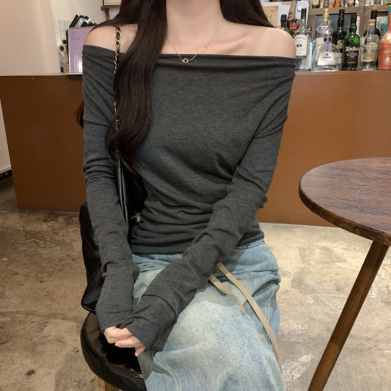 露肩修身抽褶长袖T恤女早秋新款修身显瘦内搭不规则斜肩上衣冬季|undefined