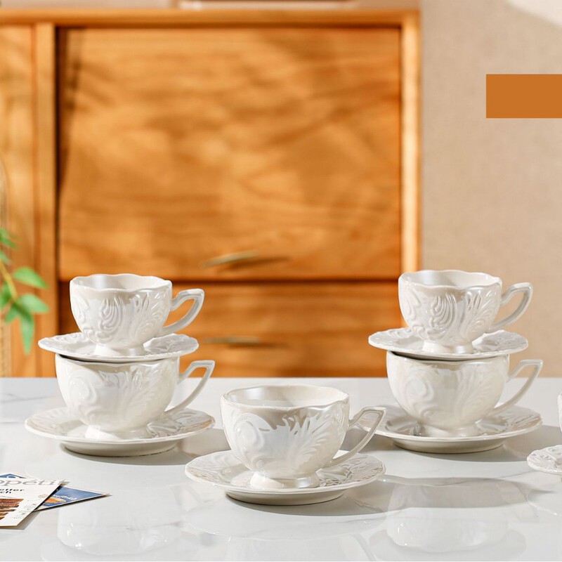 Cross-Border New European-Style Pearl-Glazed Ceramic Coffee Cup and Saucer Set for Hotel, Restaurant, Home Use, Afternoon Tea Cup Gift Cross-Border New European-Style Pearl-Glazed Ceramic Coffee Cup and Saucer Set for Hotel, Restaurant, Home Use, Afternoon Tea Cup Gift