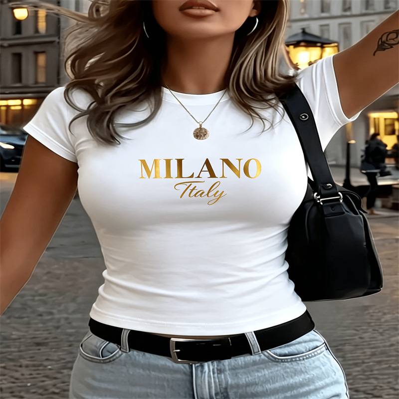 Summer New Style Women's Slim Fit T-Shirt Fresh Cute Print European American Cross Border Spot Goods Sexy Short Top_ecoleips.com