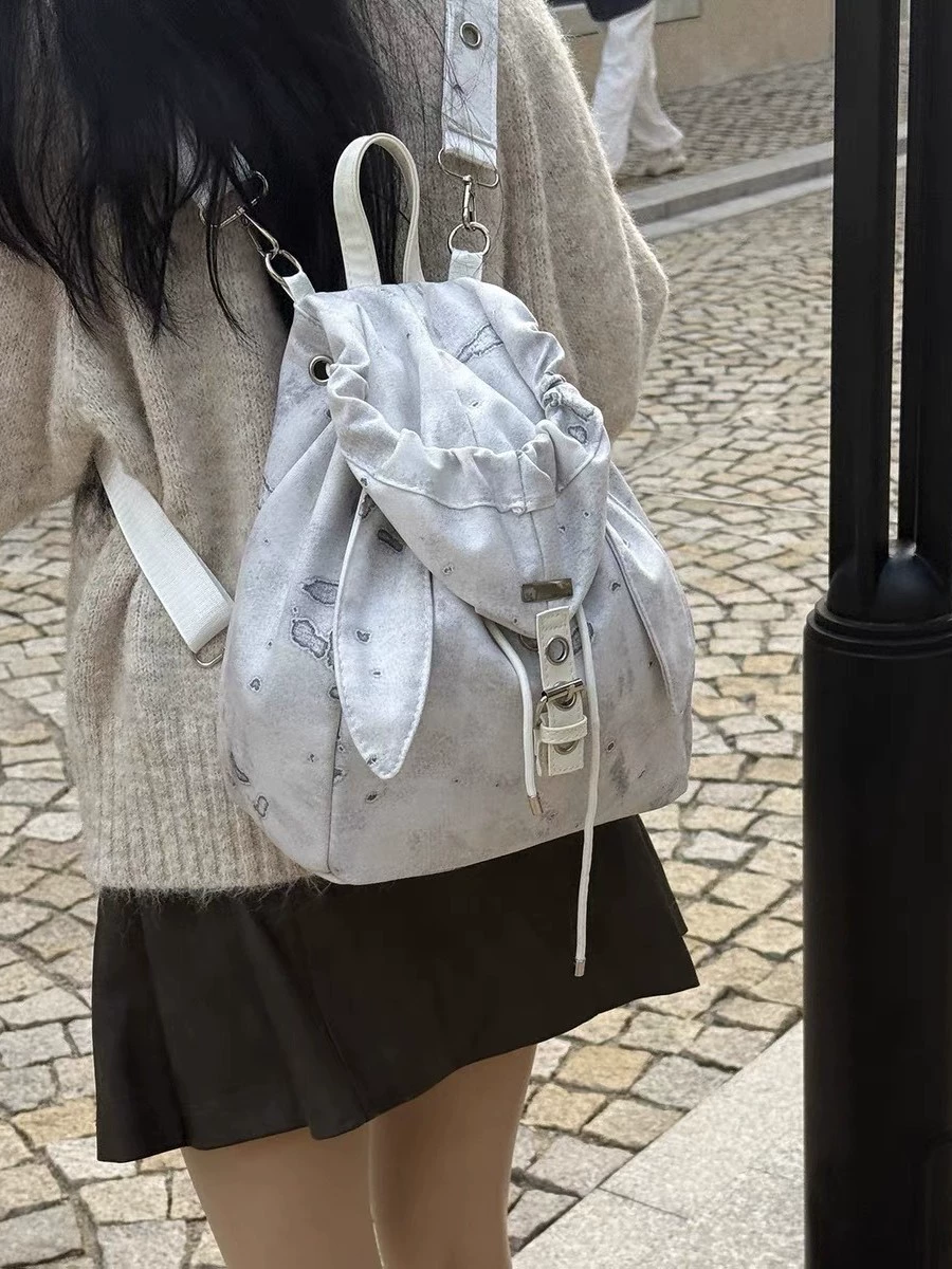 Retro rabbit backpack, small cute drawstring daypack, roomy one‑shoulder design, white/grey