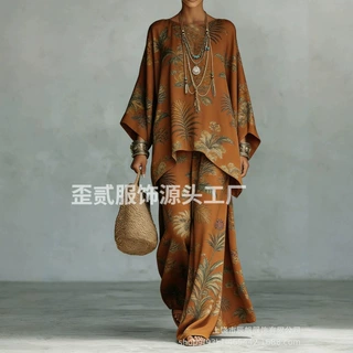 欧美春季新款印花气质圆领百搭休闲宽松两件 套源头厂家Y2代发