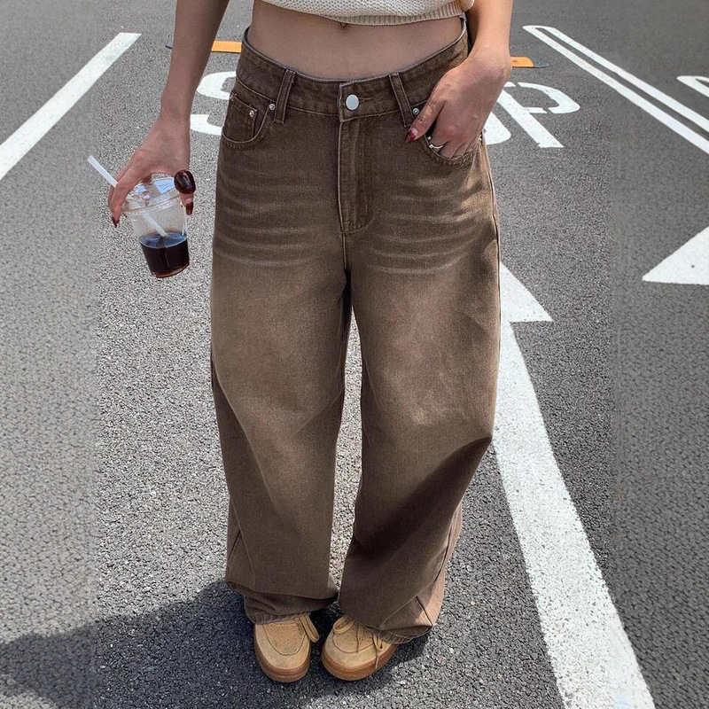 Cross-Border Spring and Autumn New Trendy Brown Jeans Loose Slimming High-Waisted Straight Wide-Leg Pants for Pear-Shaped Body