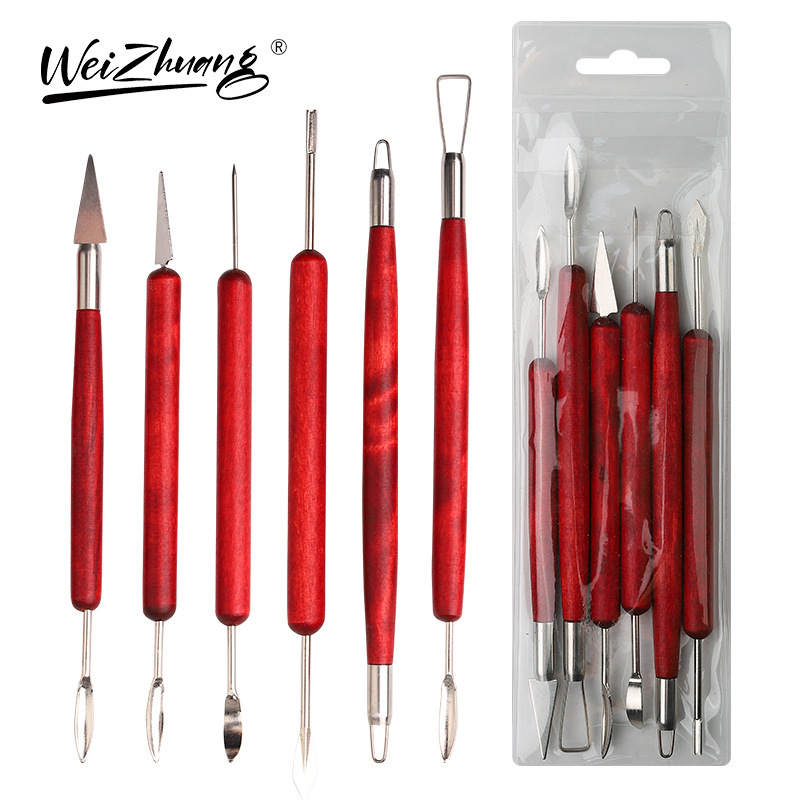 6 PCs clay carving clay pottery tools red wooden handle double-sided suit for pottery clay ware ceramic carving 6 PCs clay carving clay pottery tools red wooden handle double-sided suit for pottery clay ware ceramic carving