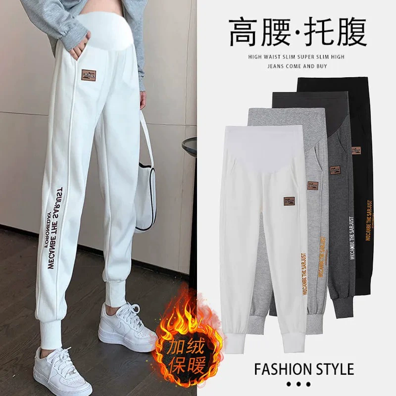 Брюки для беременных Весна и осень Верхняя одежда Осень Женская ранняя беременность Зимние повседневные спортивные штаны на флисовой подкладке Зимние спортивные штаны