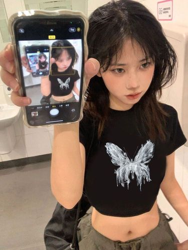 32 pieces of pure cotton sweet and cool butterfly square-shoulder short-sleeve women's summer niche unique slim-fit short top