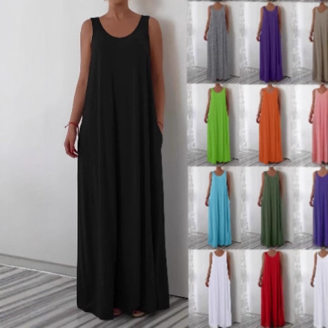 2025 Summer European and American Cross-Border Amazon Popular Solid Color Plus Size Casual Side Pocket Sleeveless Dress