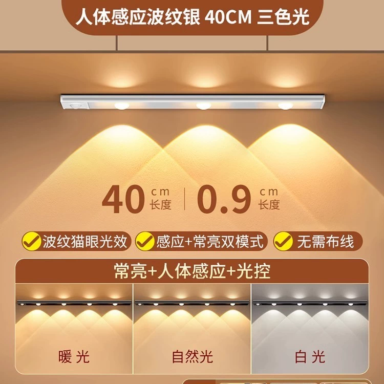 Zhicheng умная светодиодная лента для кошачьего глаза: перезаряжаемая самоклеящаяся подсветка шкафа с датчиком обнаружения человека