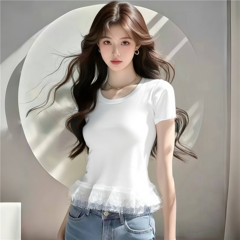 Ai Ready-Made Lace Splicing Square Collar Exposed Collarbone Short-Sleeved T-Shirt Women's Summer Korean Style Versatile Pullover Top Ai Ready-Made Lace Splicing Square Collar Exposed Collarbone Short-Sleeved T-Shirt Women's Summer Korean Style Versatile Pullover Top