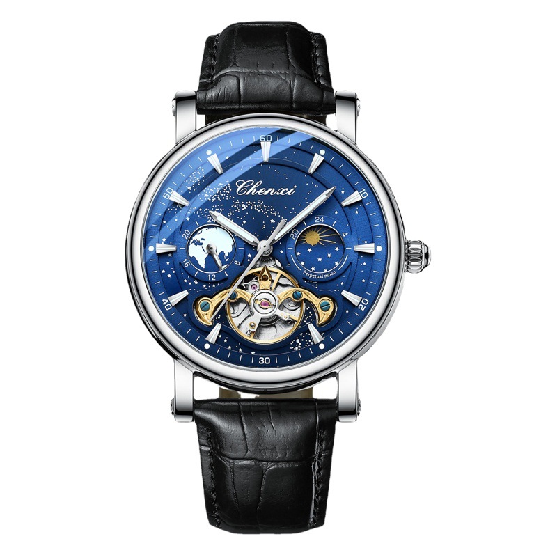 CHENXI reloj mecánico estilo explosivo Galaxy Moon fase hueca tourbillon reloj mecánico automático luminoso para hombre de negocios