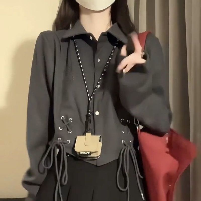 两件套装女 秋季新款学院风绑带长袖衬衫上衣女+百褶短裙休闲套装|undefined