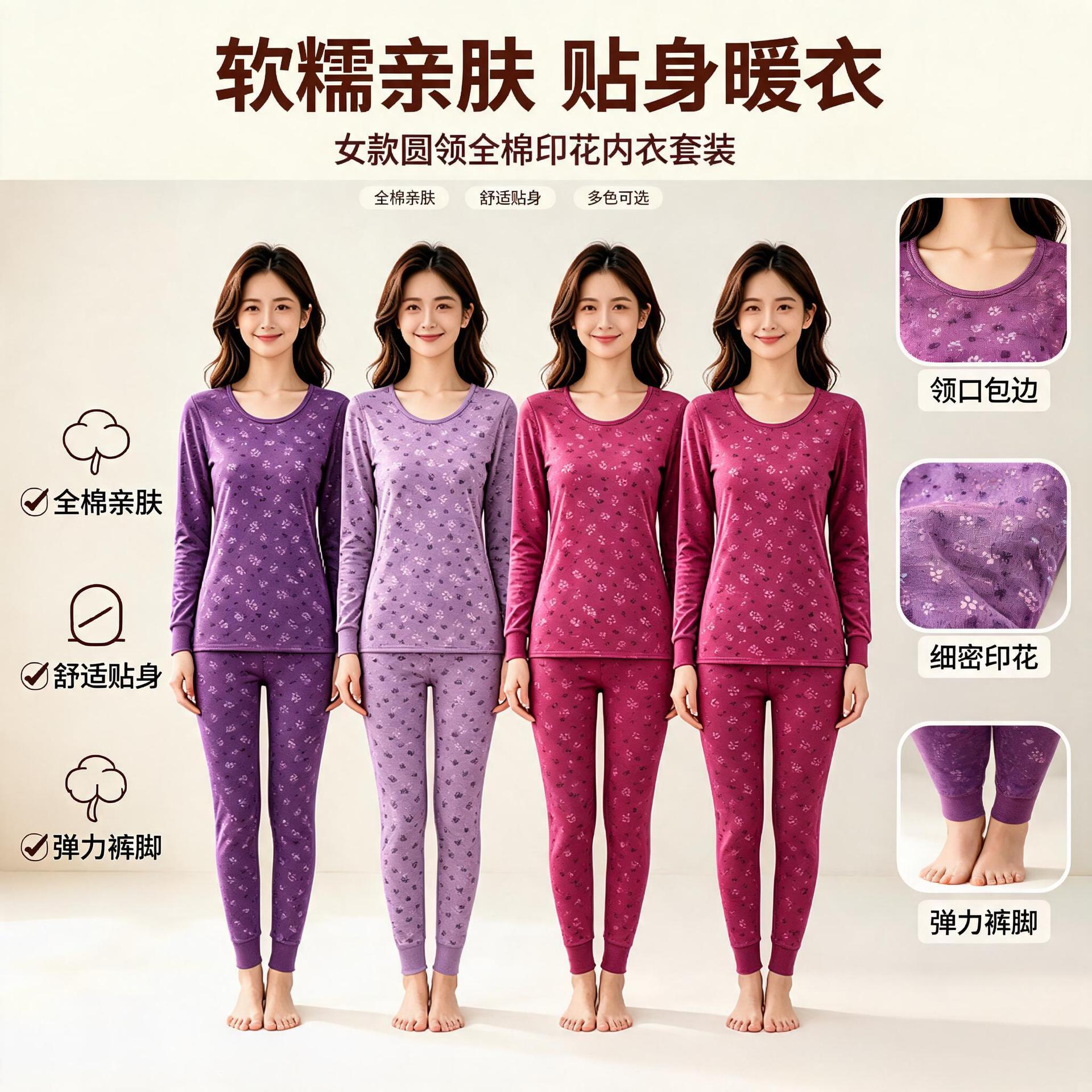 Women's Autumn/Winter Cotton Printed Underwear Set, Double Collar, Durable and Pill-Resistant, Suitable as a Gift