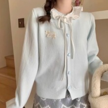 甜美蝴蝶结系带奶蓝色针织开衫女2025春季新款小个子荷叶边上衣
