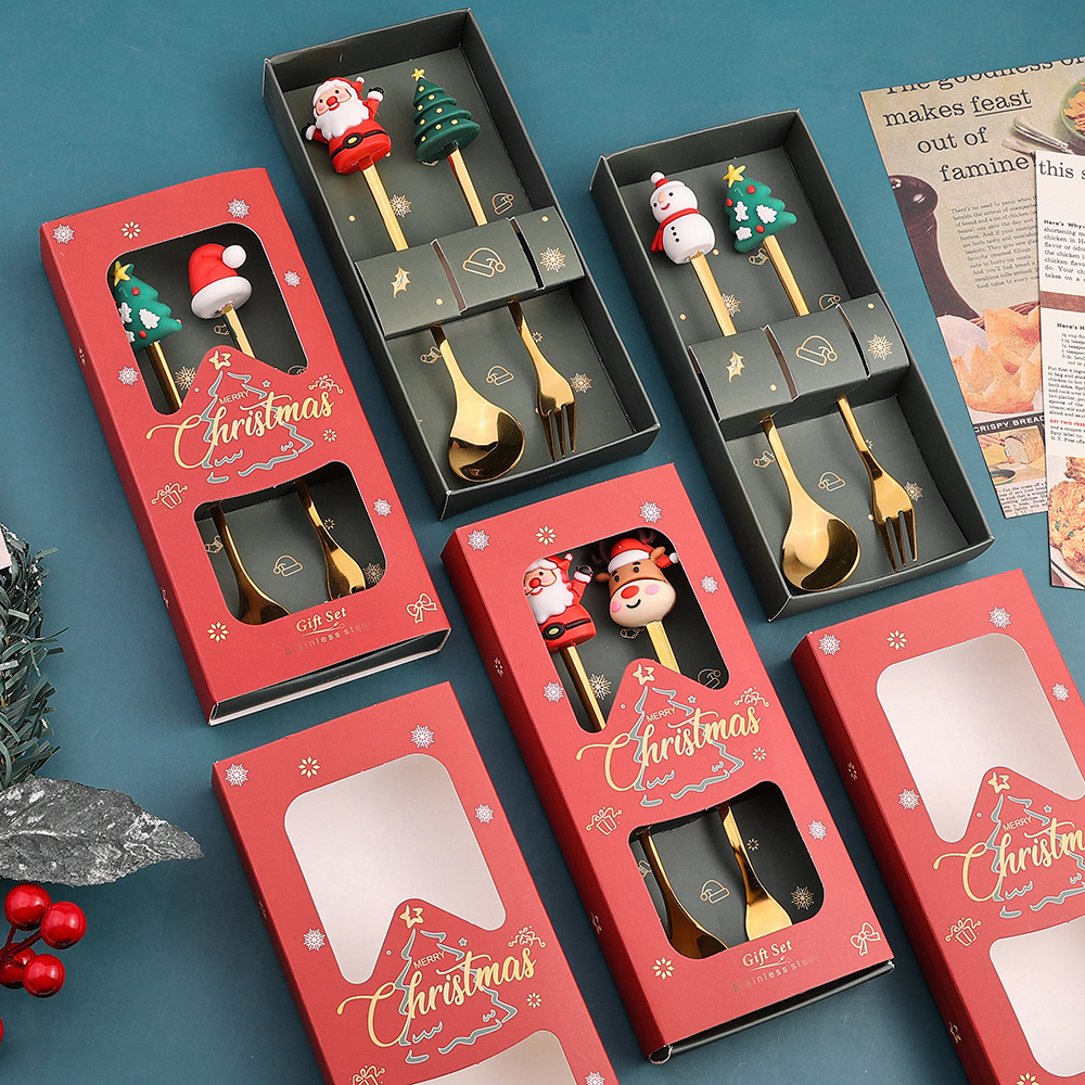 Cuchara transfronteriza de acero inoxidable Santa Claus árbol cuchara de café postre tenedor de fruta muñeca cuchara tenedor vajilla juego de regalo image 5