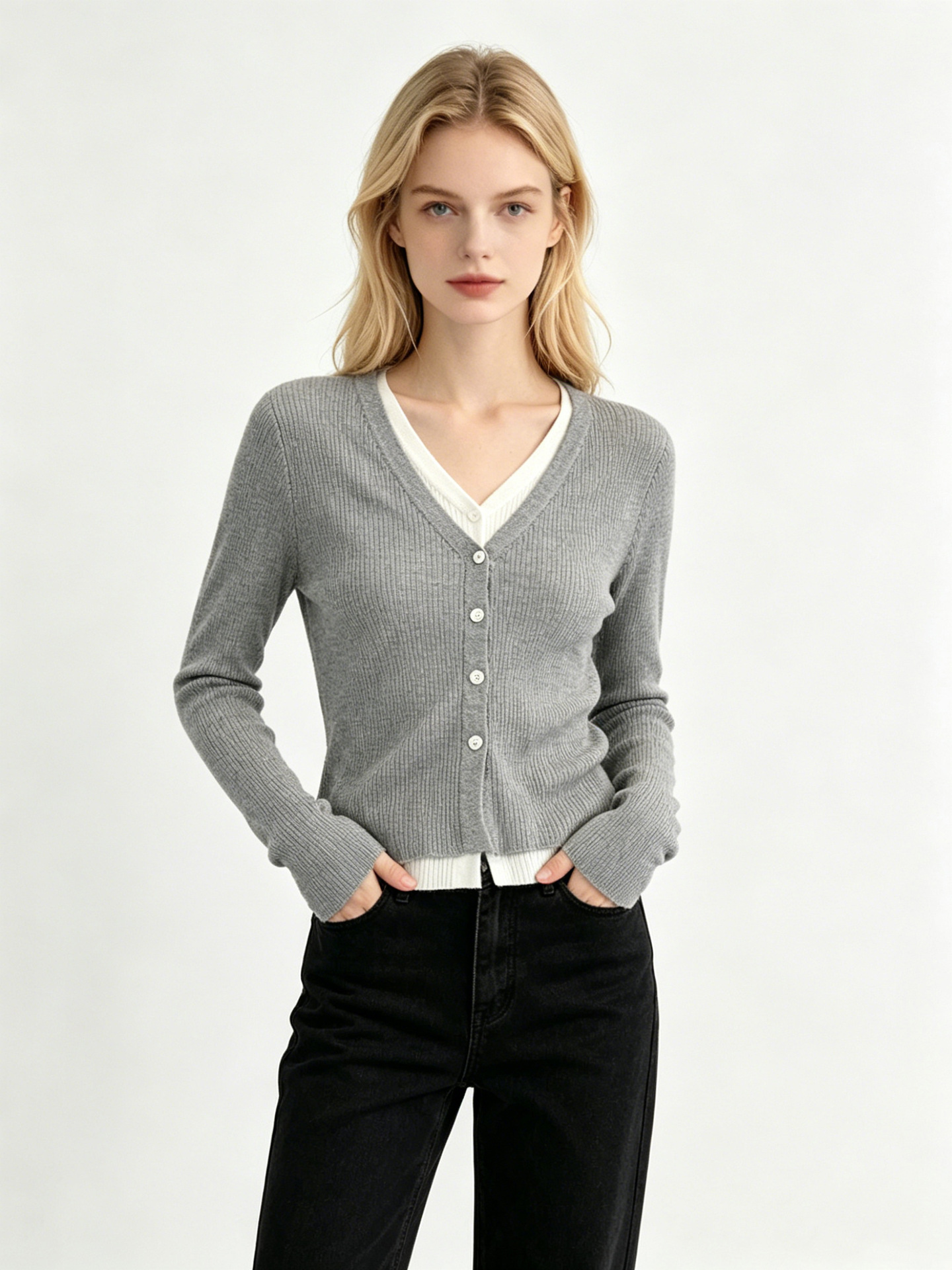 Russian Foreign Trade Clothing Fake Two-Piece Knitted Cardigan for Women, New Autumn and Winter Long-Sleeve V-Neck Stylish Base Top