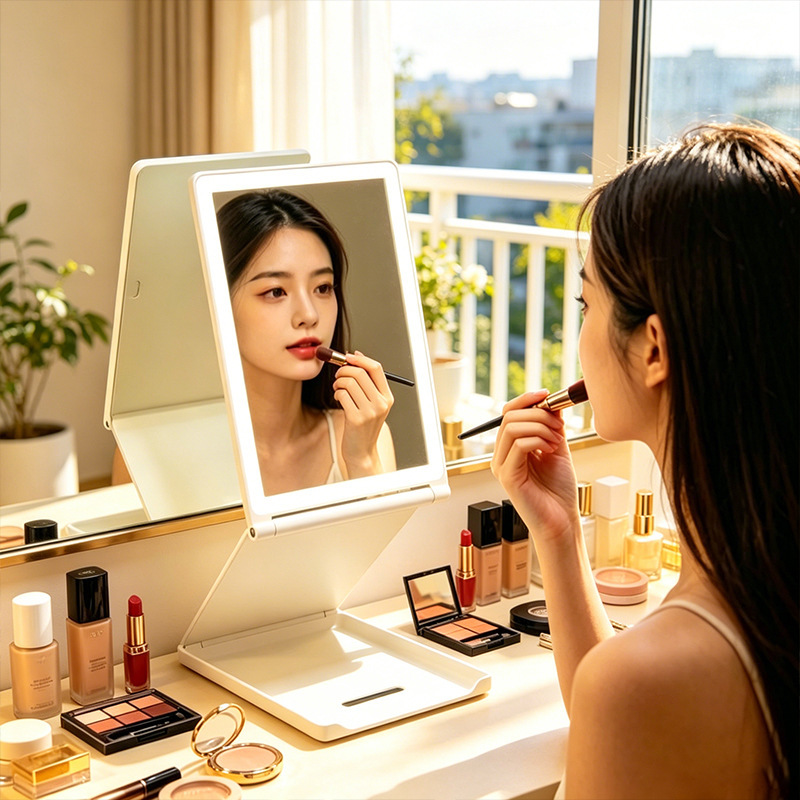 Led Lightweight 70% off Foldable Touch Screen Makeup Mirror with Light, Flip-Top Portable Desktop Makeup Mirror for Streamers
