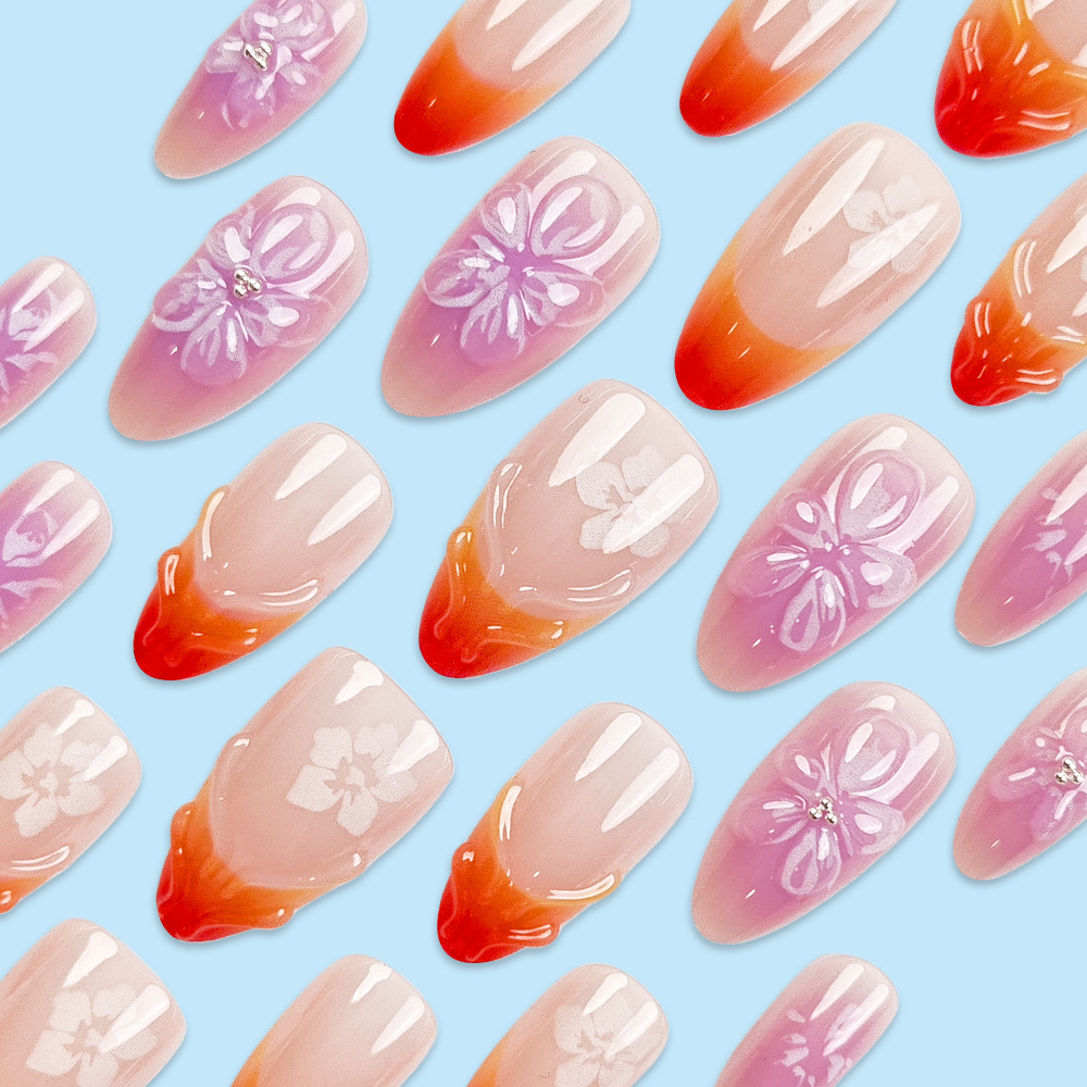 Comercio exterior 3D ondulado estereoscópico flor manicure perla adornada manicure francesa corta almendra elegante parche de uñas