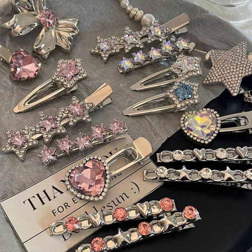 Y2K dopamine pink rhinestone metal star hairpin clip side clip girl bangs clip hair accessories headdress