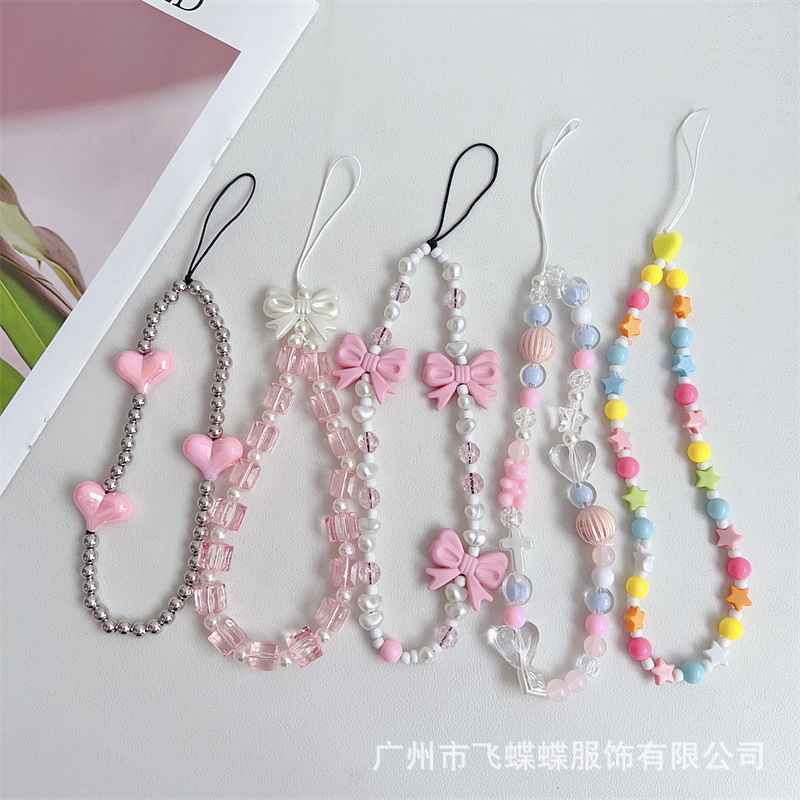 Korean new girl powder beaded hanging chain mobile phone lanyard pendant fashion wrist short rope trend pendant wholesale