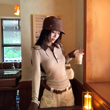 美拉德拼接格子翻领长袖T恤女秋季修身显瘦百搭减龄上衣