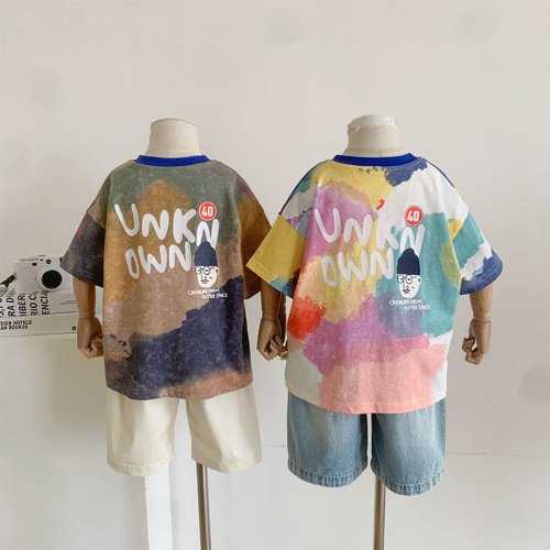 Nausicaa of the Valley of the Wind 2024 new summer children's clothing children's tie-dye style printed T-shirt boys handsome ink style short-sleeved thin