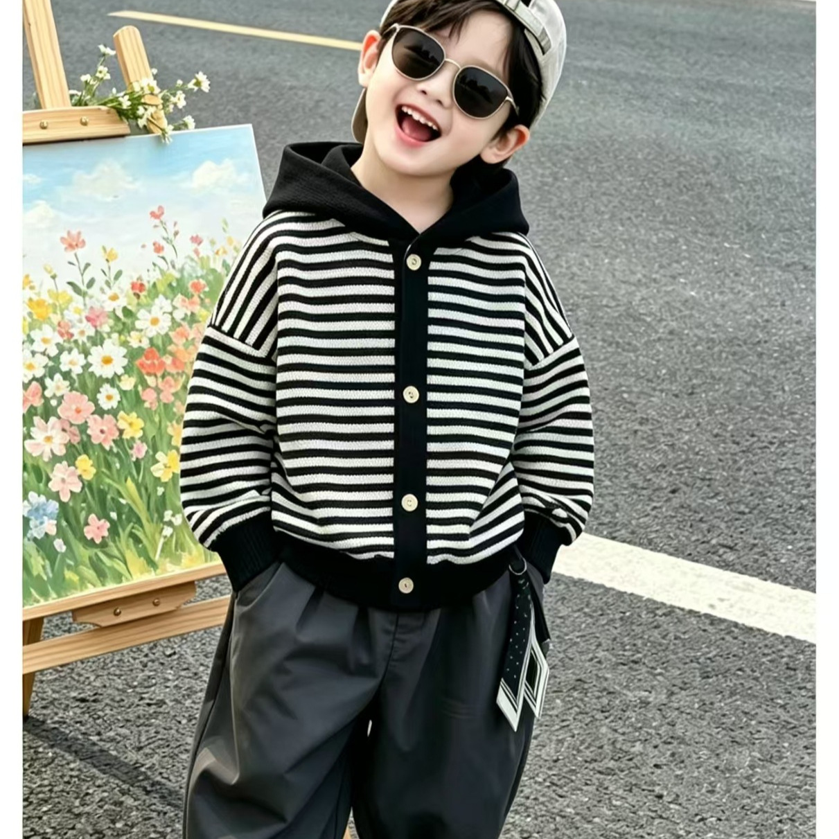 New autumn children's clothing for boys and girls, including button-down cardigan, casual striped long-sleeved loose-fitting top for middle-aged children.
