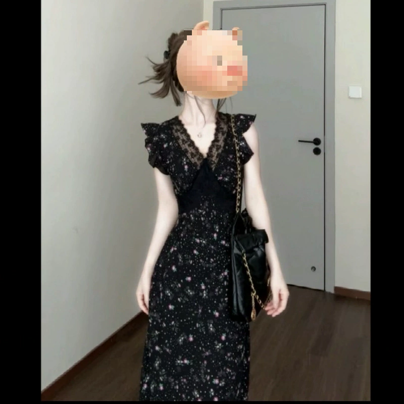 Черное кружевное платье с цветочным принтом, стиль летних каникул, французский стиль, уникальное и красивое платье длиной до талии с косым кроем.