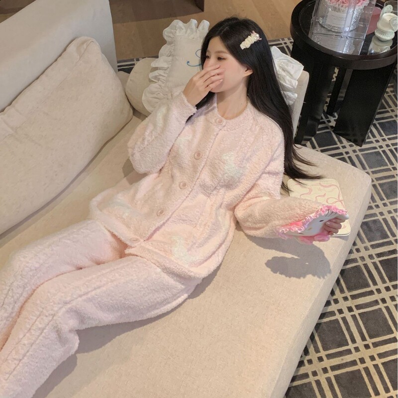 半边绒睡衣卡通小熊可爱睡衣宽松外穿开衫软糯加厚慵懒风女家居服|undefined