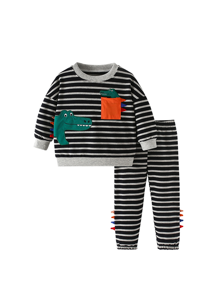 Malwee Boys Sweater Set Otoño Invierno guapo camiseta de cuello redondo a rayas para usar pantalones de cintura elástica set de dos piezas