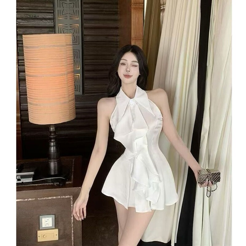 2026 Summer New Style White French Ruffled Slim-Fit Sleeveless Shirt, Minimalist Outfit, Halter Neck Short Dress 2026 Summer New Style White French Ruffled Slim-Fit Sleeveless Shirt, Minimalist Outfit, Halter Neck Short Dress