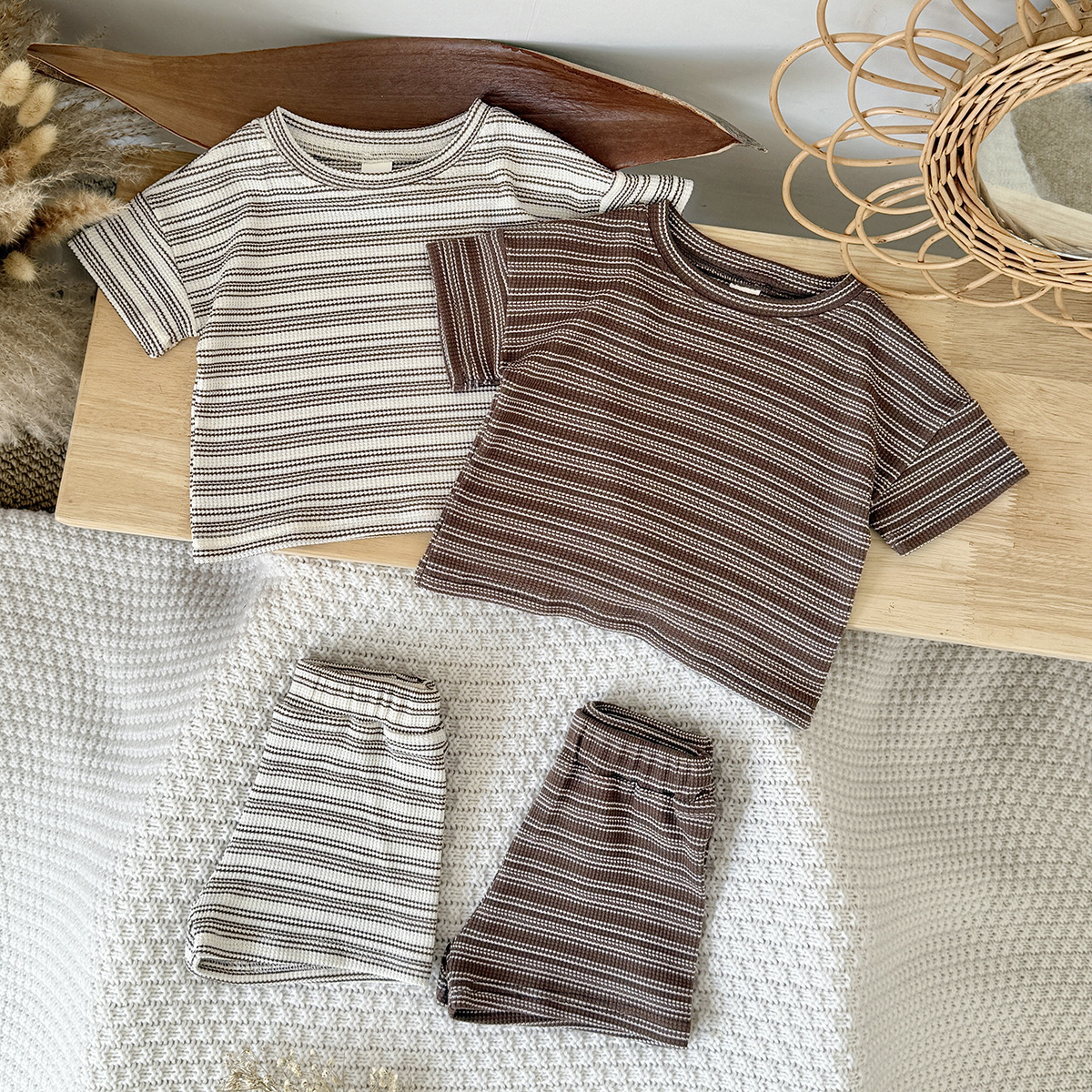 INS children's clothing 2026 summer baby narrow striped set, two-piece set for boys and girls