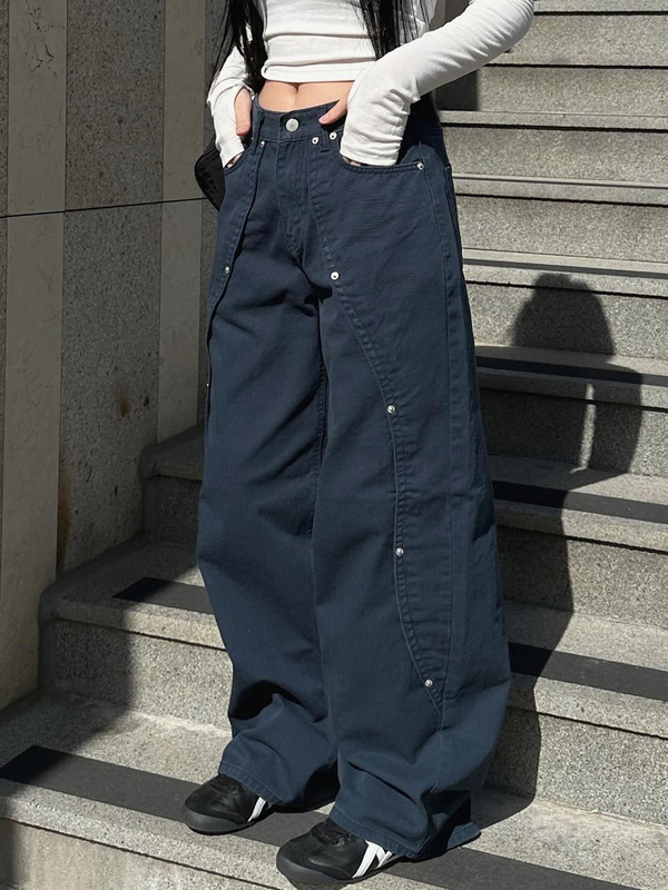 美式街头酷妹铆钉设计感不规则牛仔裤女跨境低腰宽松直筒休闲长裤|undefined