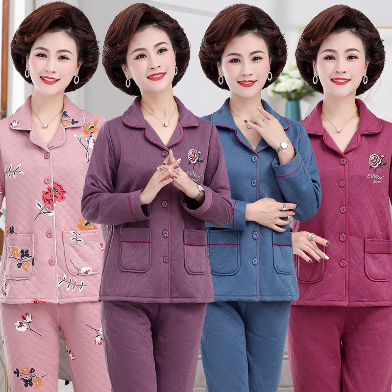 妈妈睡衣女秋冬季中老年加厚空气棉夹棉夹层老年人奶奶婆婆家居服