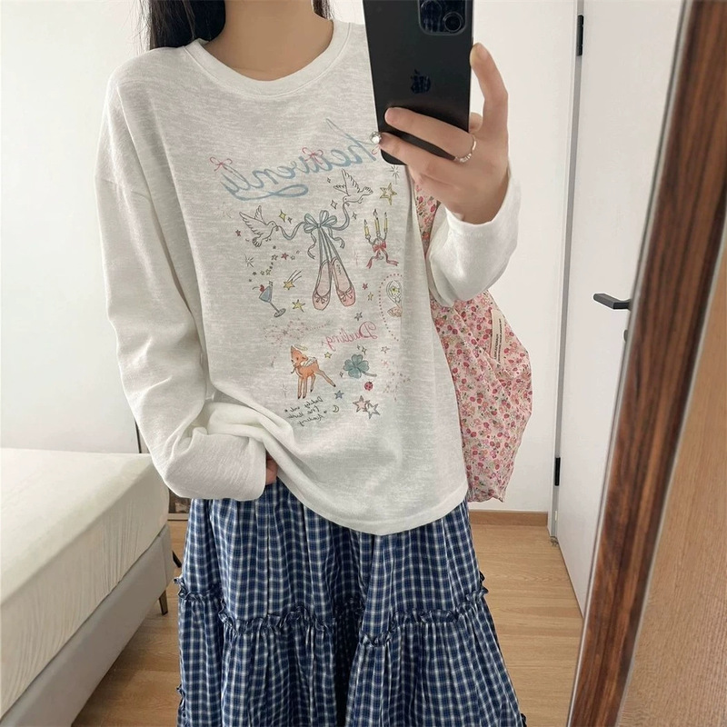 White Semi-Transparent Cartoon Print Sun Protection Long-Sleeve T-Shirt for Women, 2026 Summer New Versatile Loose Top Trendy White Semi-Transparent Cartoon Print Sun Protection Long-Sleeve T-Shirt for Women, 2026 Summer New Versatile Loose Top Trendy