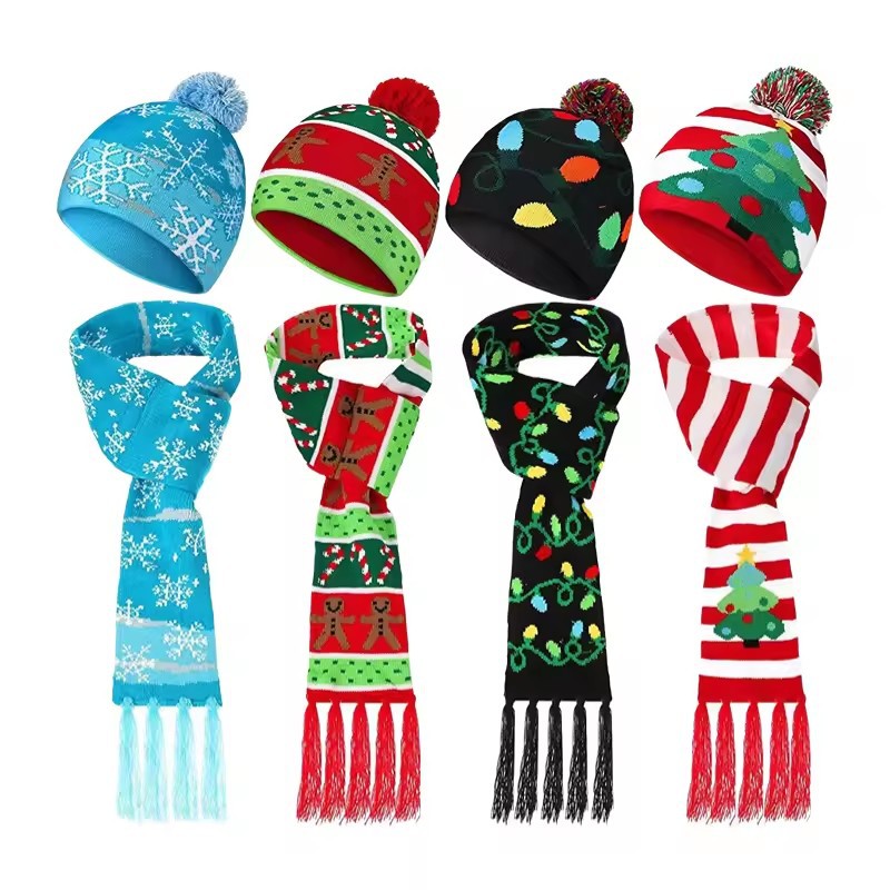 Sombreros de Navidad transfronterizos bufandas set al aire libre sombreros de Navidad para niños collares de colores con sombreros de pelo lámpara LED