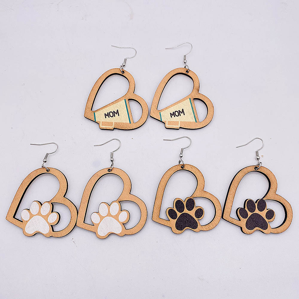 1 Pair Cute Paw Print Heart Shape Wood Mother's Day Women's Drop Earrings display picture 1