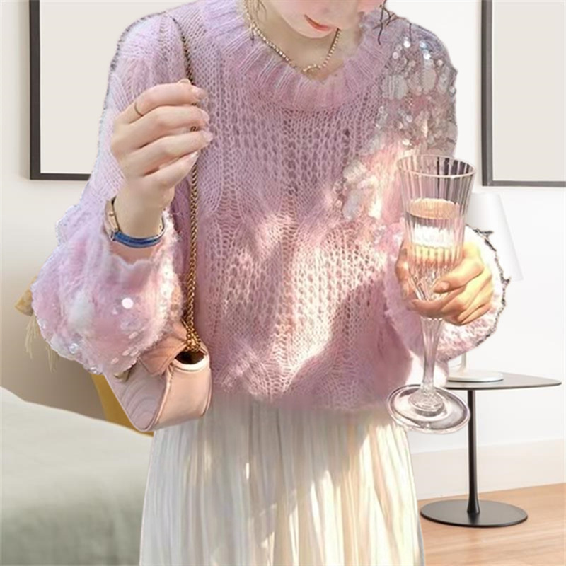 Pink Sequin Lazy Style Knitwear for Women 2025 Spring, Autumn and Winter New Elegant Knitwear Loose and Gentle Pullover Top