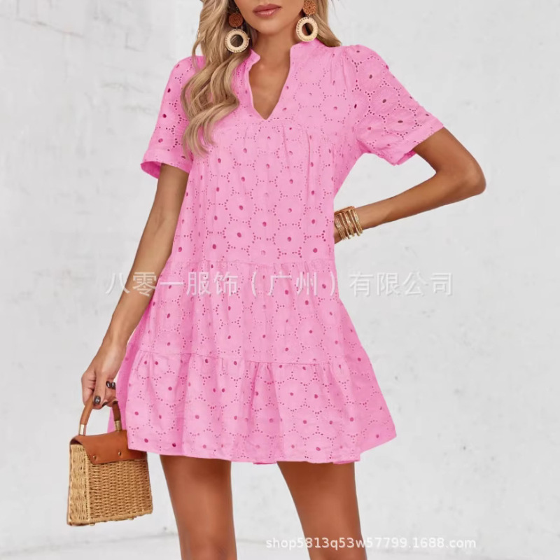 2026 Cross-Border European and American New Style Amazon Summer Lace Hollow-Out Flowing V-Neck Short-Sleeve Cover-Up Dress