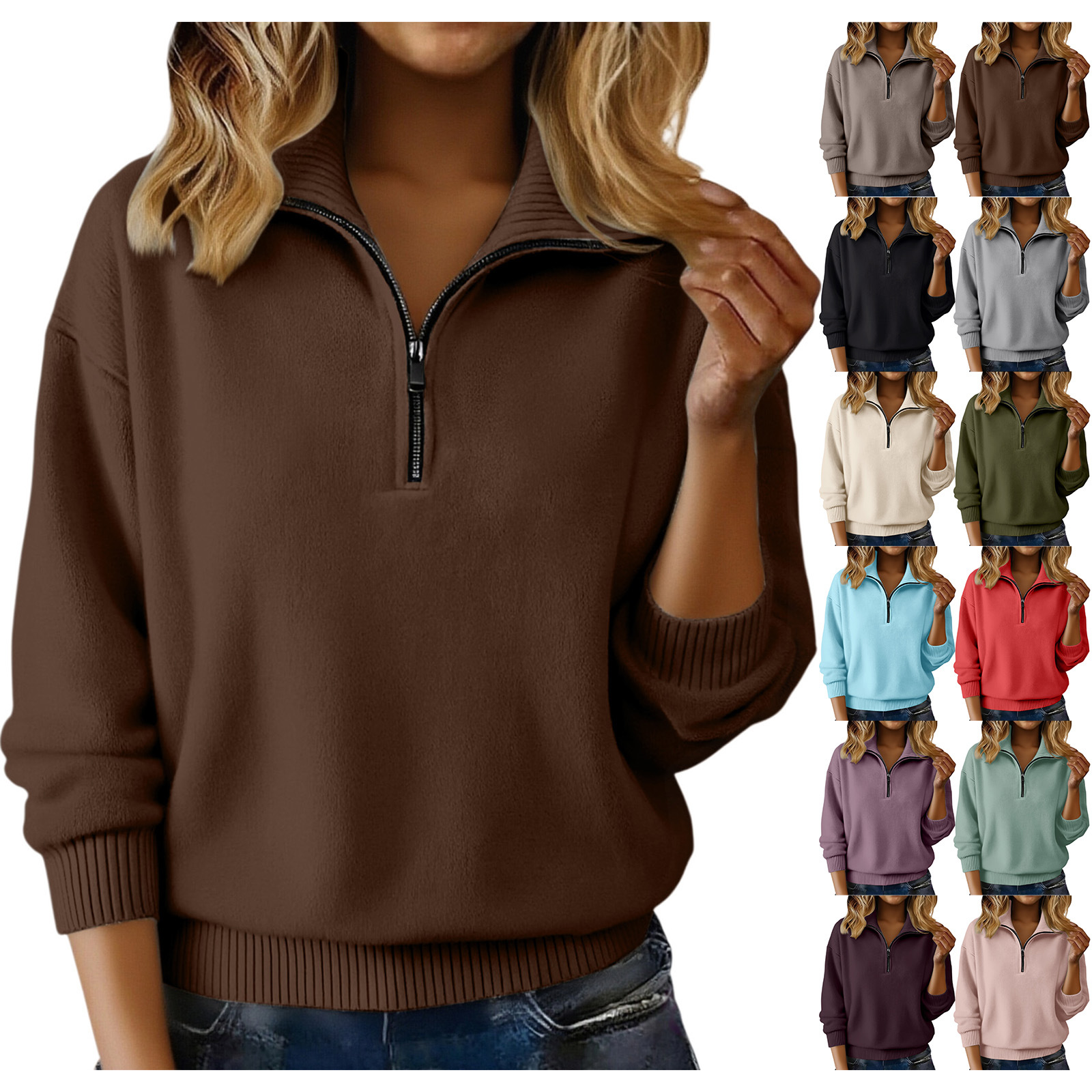 亚马逊2025秋冬季新款半开拉链半高专柜款多穿拉链领针织女式毛衣