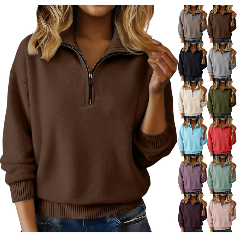 Amazon's New European and American Autumn and Winter Style Half-Zip, Half-High Collar, Multi-Wear Zip Collar Knitted Women's Sweater