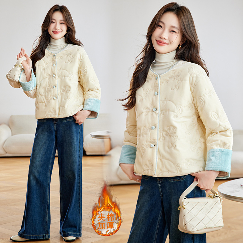 In Stock~2025 Winter Embroidered Velvet Quilted Lining Round Neck Thickeneded Long-Sleeved Regular Cotton Jacket
