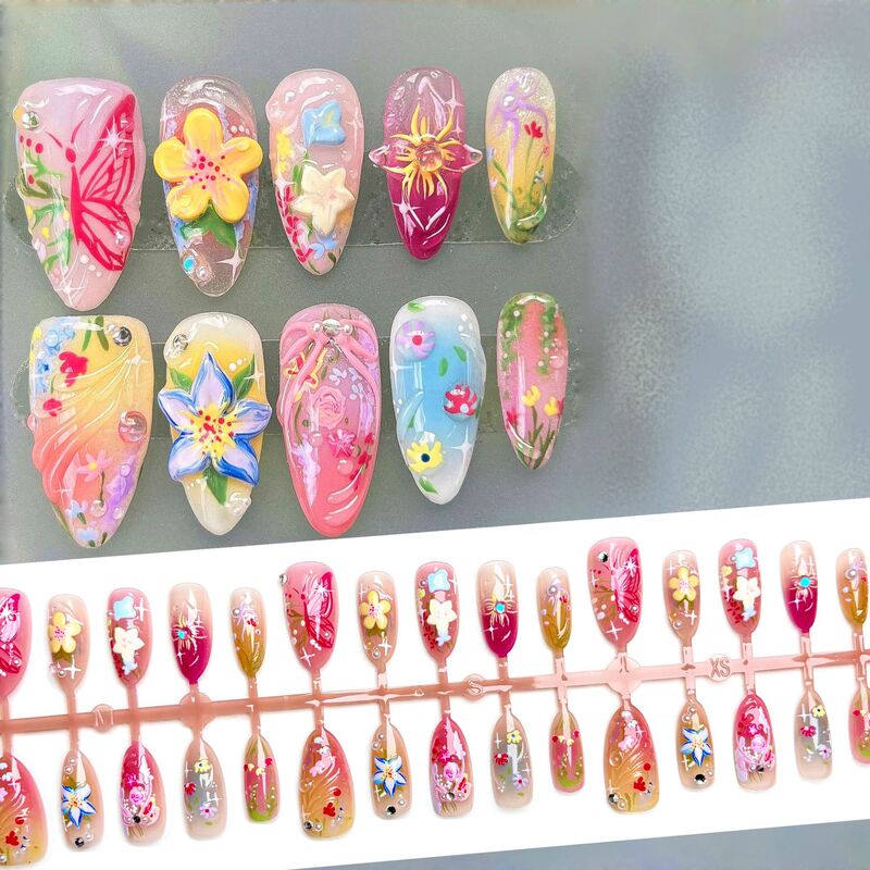 Summer Floral Colorful Pink Wearable Nails for Girls, Cute Sweet Girl Ins Vibe Wearable Nails Gradient Summer Floral Colorful Pink Wearable Nails for Girls, Cute Sweet Girl Ins Vibe Wearable Nails Gradient
