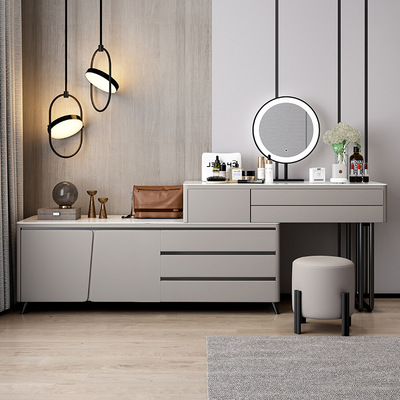 岩板實木梳妝台收納壹體六鬥儲物邊櫃飄窗轉角化妝桌智能鏡化妝台