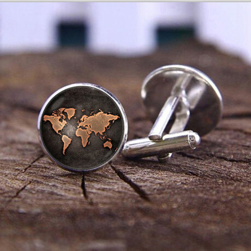 World map pattern Time Gem cufflinks men's fashion button French shirt cuff cuff nail accessories wholesale