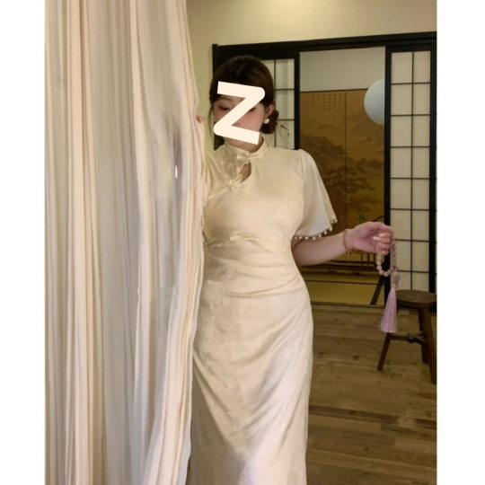 New Chinese Style Improved Cheongsam with Diagonal Jacquard Dress, Mid-Length Slit Slimming Skirt, Source Factory