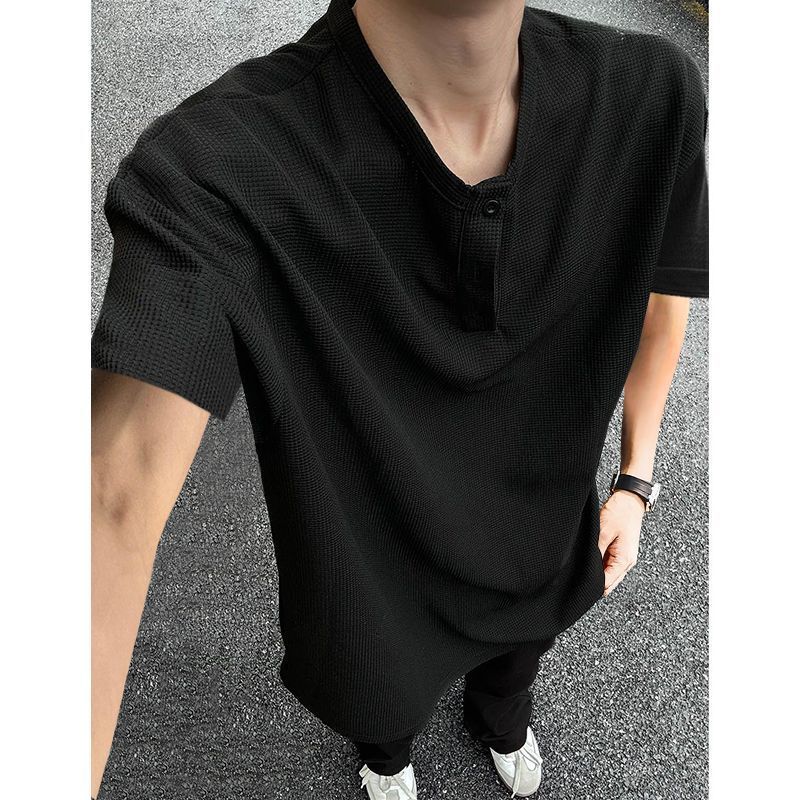 2025 夏アメリカンカジュアルメンズ半袖 Tシャツワッフルトップヘンリーシャツルーズレトロ Tシャツ|undefined
