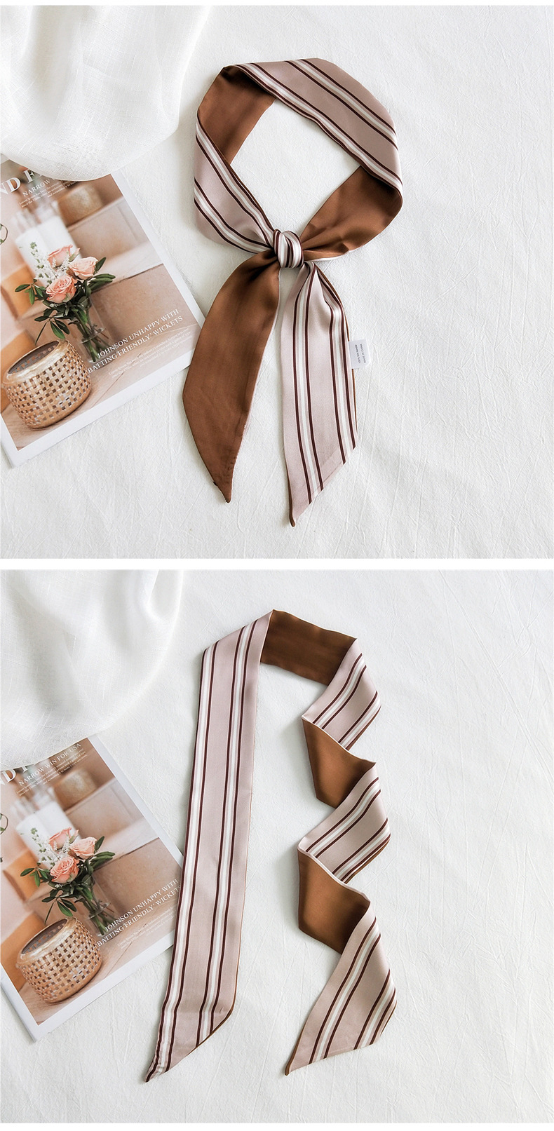 30g Weight Silk Scarf Classification Travel Occasion Unisex Gender Sweet Style Khaki, Grey, White, Purple, Red, Green, Blue, Yellow, Black Color Fashion Narrow Long Small Silk Scarf 23