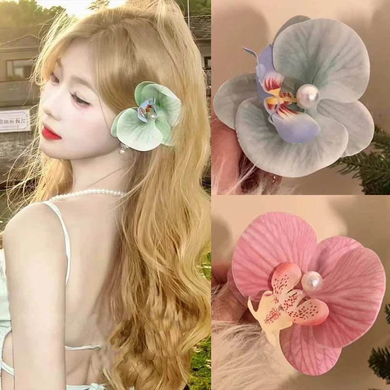 Orquídea de mariposa rosa pura, abrazadera de cabello, abrazadera de cabello, flores de simulación, abrazadera de cabello para el cabello junto al mar