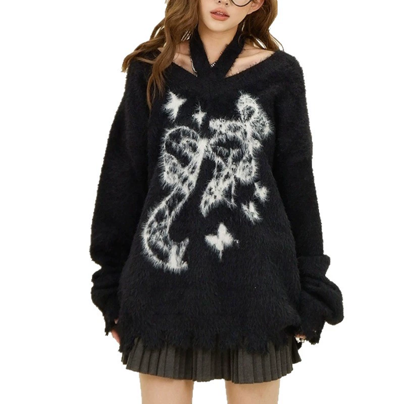 Oversized Velvet Knitted Sweater, Artificial Fur, American Style, Demi-Season, One Size