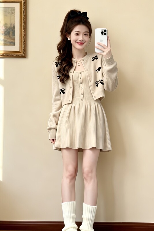 Korean-style knitted outfit for women in autumn and winter, a beautiful and stunning two-piece set consisting of a sweater cardigan and a suspender skirt Korean-style knitted outfit for women in autumn and winter, a beautiful and stunning two-piece set consisting of a sweater cardigan and a suspender skirt